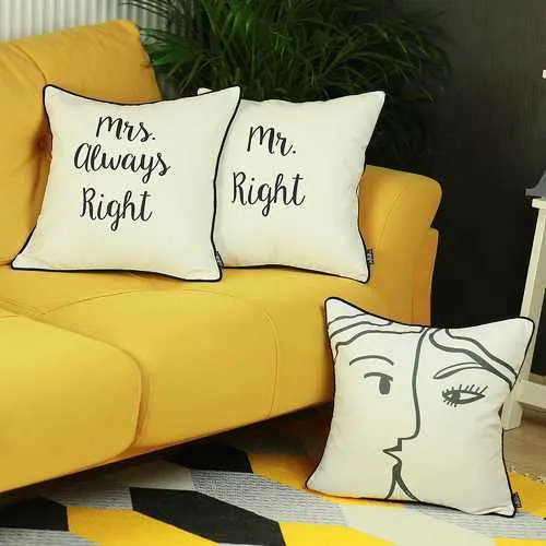 18"x 18" Skandi Mrs.Right and Mr.Right Decorative Printed Pillow Case Set of 2 pcs