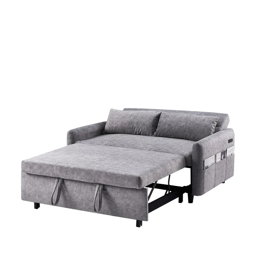 55.1" Pull Out Sleep Sofa Bed Loveseat Couch, Adjustable Backrest, Storage, 2 Pillows, USB Ports, Grey (Old Sku Wf307821Aae)