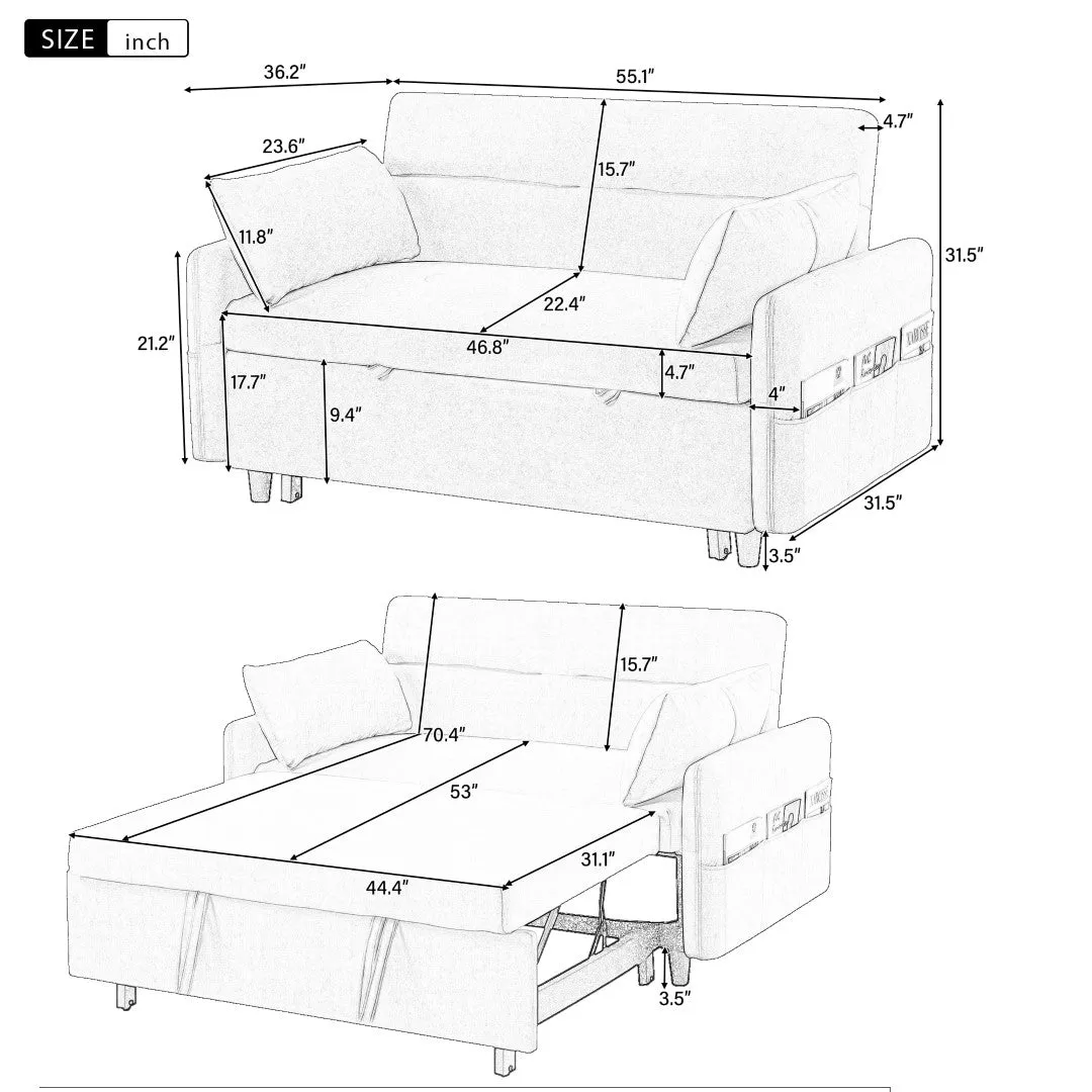 55.1" Pull Out Sleep Sofa Bed Loveseat Couch, Adjustable Backrest, Storage, 2 Pillows, USB Ports, Grey (Old Sku Wf307821Aae)