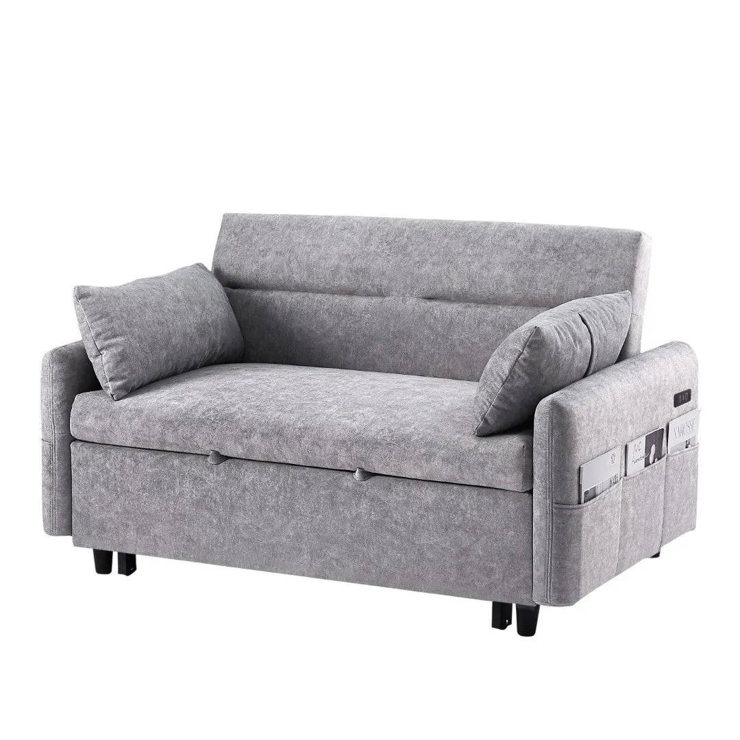 55.1" Pull Out Sleep Sofa Bed Loveseat Couch, Adjustable Backrest, Storage, 2 Pillows, USB Ports, Grey (Old Sku Wf307821Aae)