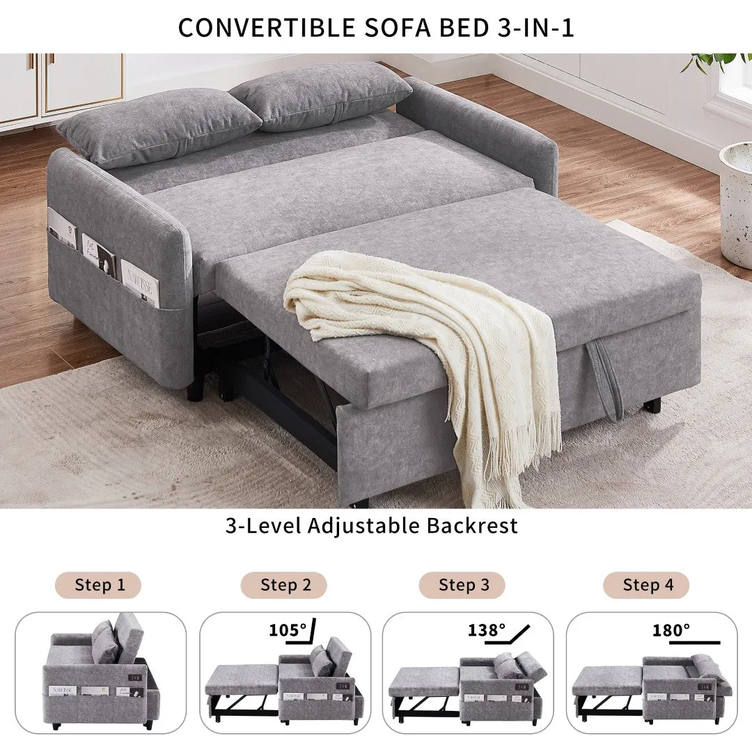 55.1" Pull Out Sleep Sofa Bed Loveseat Couch, Adjustable Backrest, Storage, 2 Pillows, USB Ports, Grey (Old Sku Wf307821Aae)