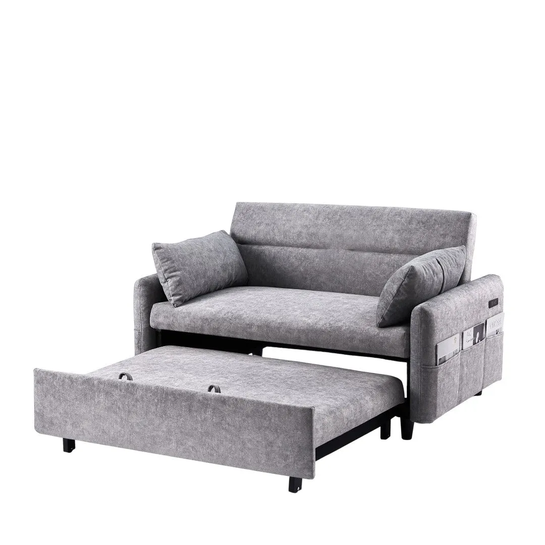 55.1" Pull Out Sleep Sofa Bed Loveseat Couch, Adjustable Backrest, Storage, 2 Pillows, USB Ports, Grey (Old Sku Wf307821Aae)