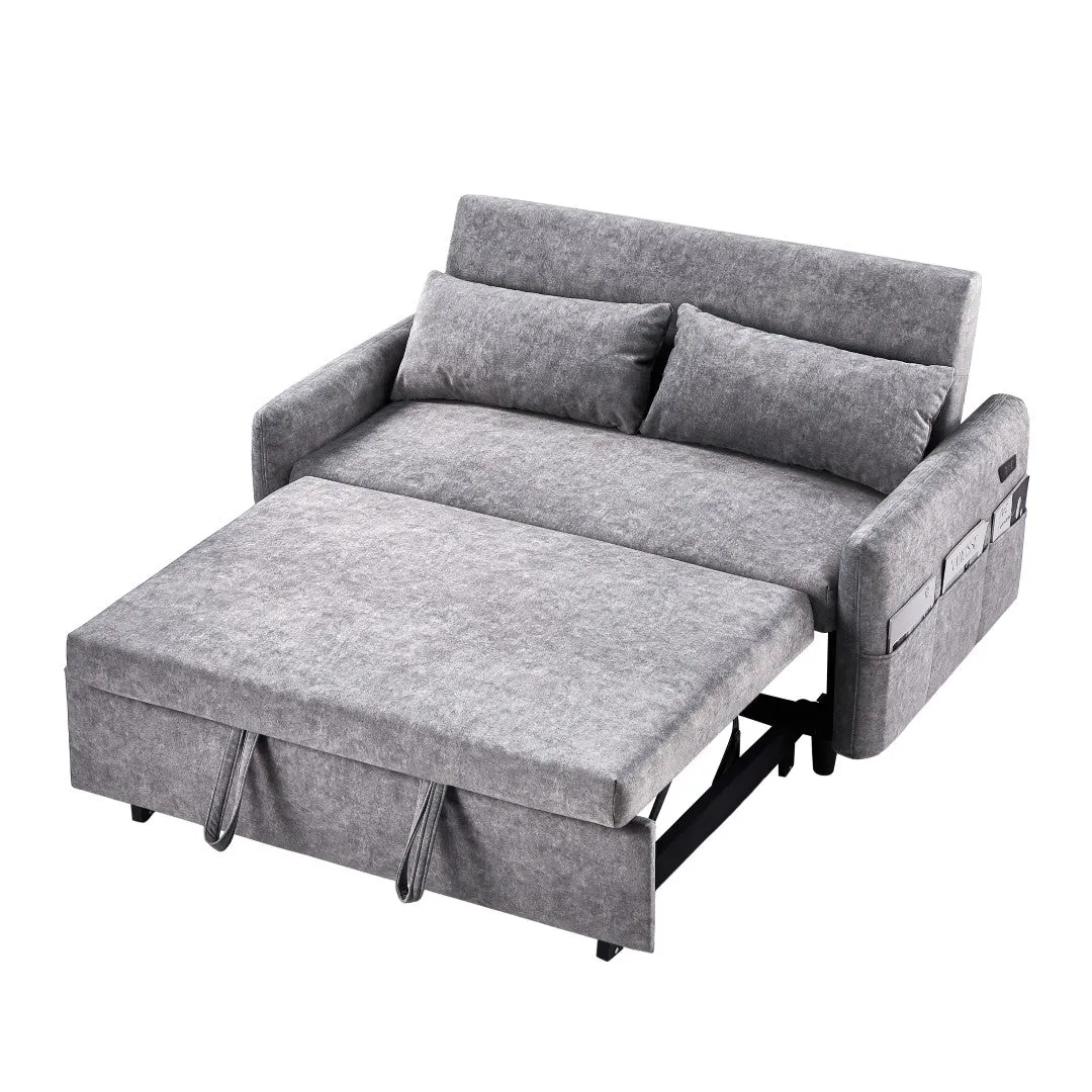 55.1" Pull Out Sleep Sofa Bed Loveseat Couch, Adjustable Backrest, Storage, 2 Pillows, USB Ports, Grey (Old Sku Wf307821Aae)