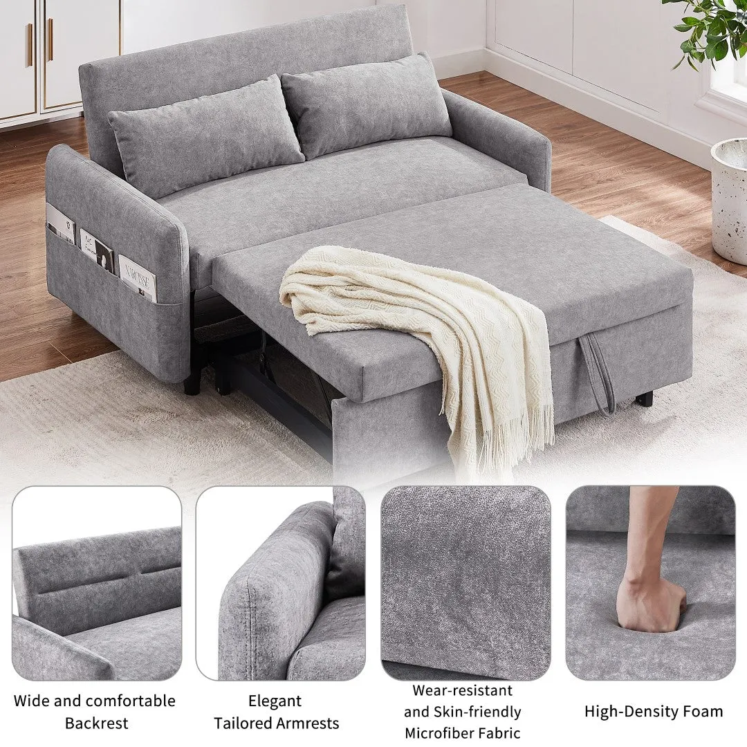 55.1" Pull Out Sleep Sofa Bed Loveseat Couch, Adjustable Backrest, Storage, 2 Pillows, USB Ports, Grey (Old Sku Wf307821Aae)