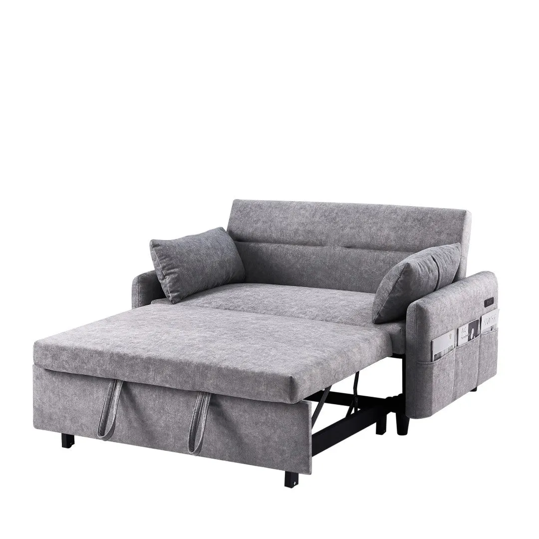 55.1" Pull Out Sleep Sofa Bed Loveseat Couch, Adjustable Backrest, Storage, 2 Pillows, USB Ports, Grey (Old Sku Wf307821Aae)