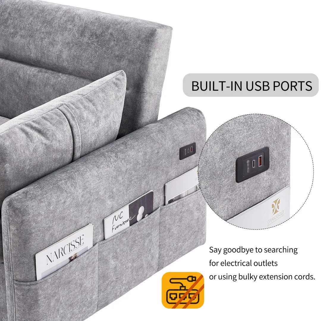 55.1" Pull Out Sleep Sofa Bed Loveseat Couch, Adjustable Backrest, Storage, 2 Pillows, USB Ports, Grey (Old Sku Wf307821Aae)