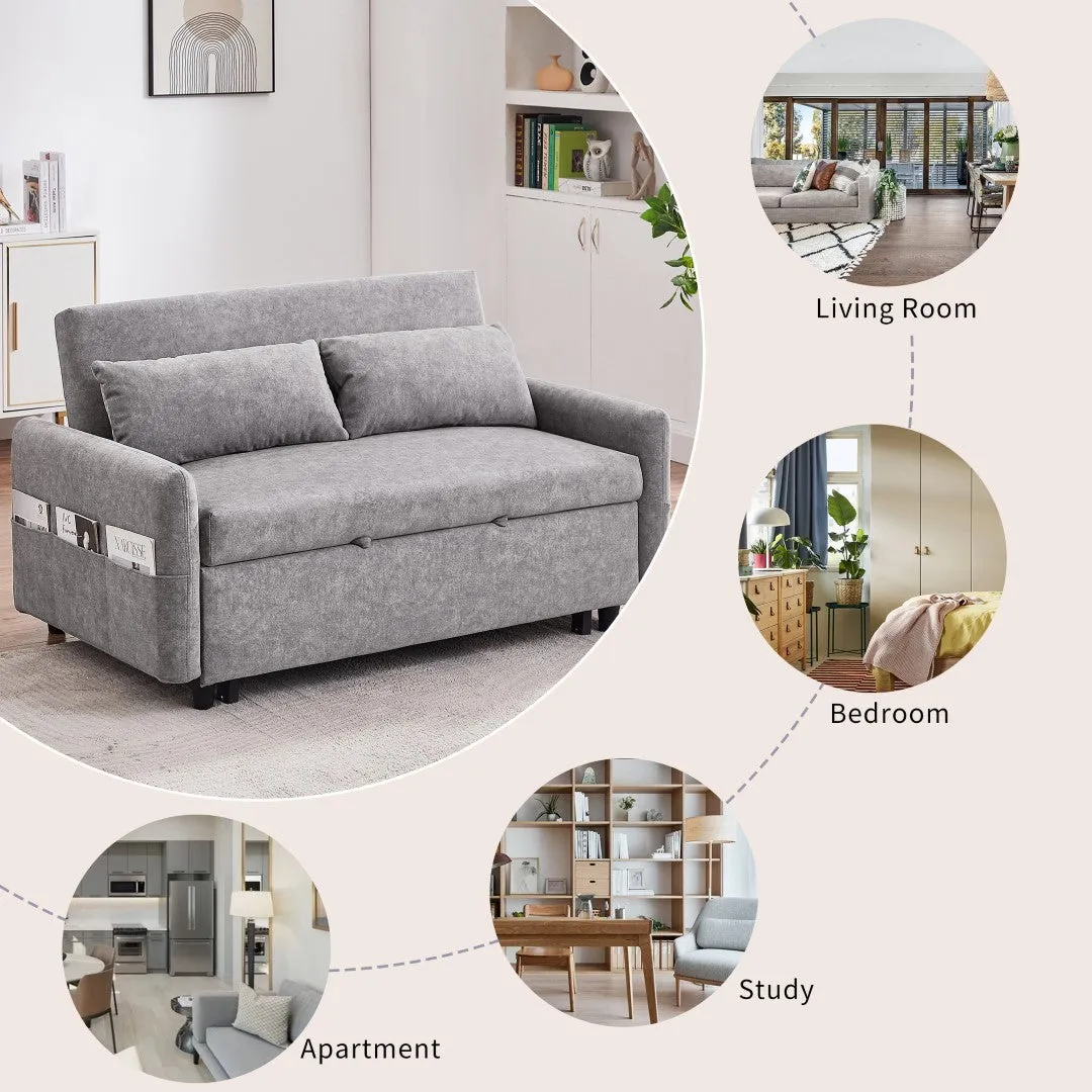 55.1" Pull Out Sleep Sofa Bed Loveseat Couch, Adjustable Backrest, Storage, 2 Pillows, USB Ports, Grey (Old Sku Wf307821Aae)