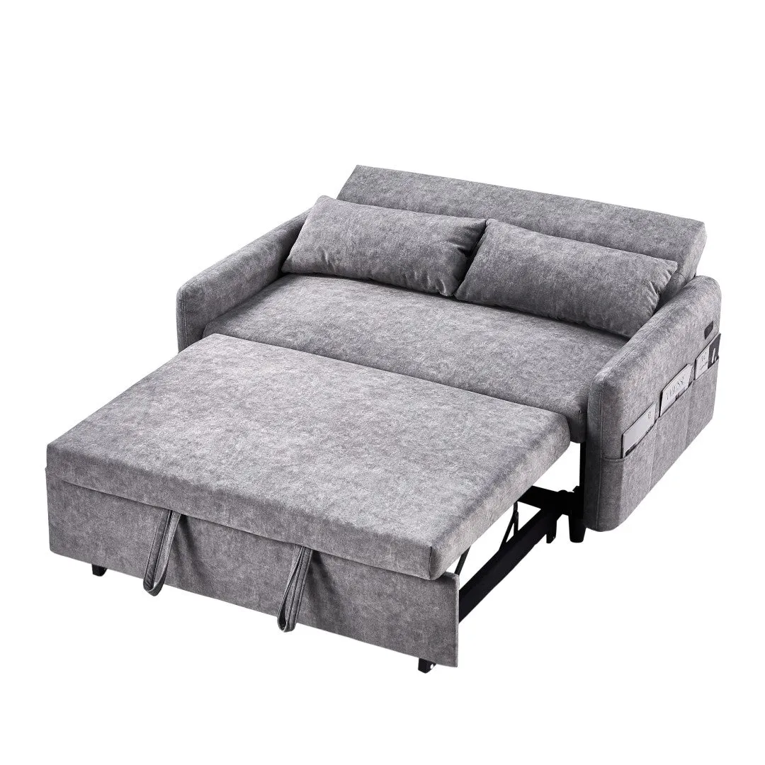 55.1" Pull Out Sleep Sofa Bed Loveseat Couch, Adjustable Backrest, Storage, 2 Pillows, USB Ports, Grey (Old Sku Wf307821Aae)