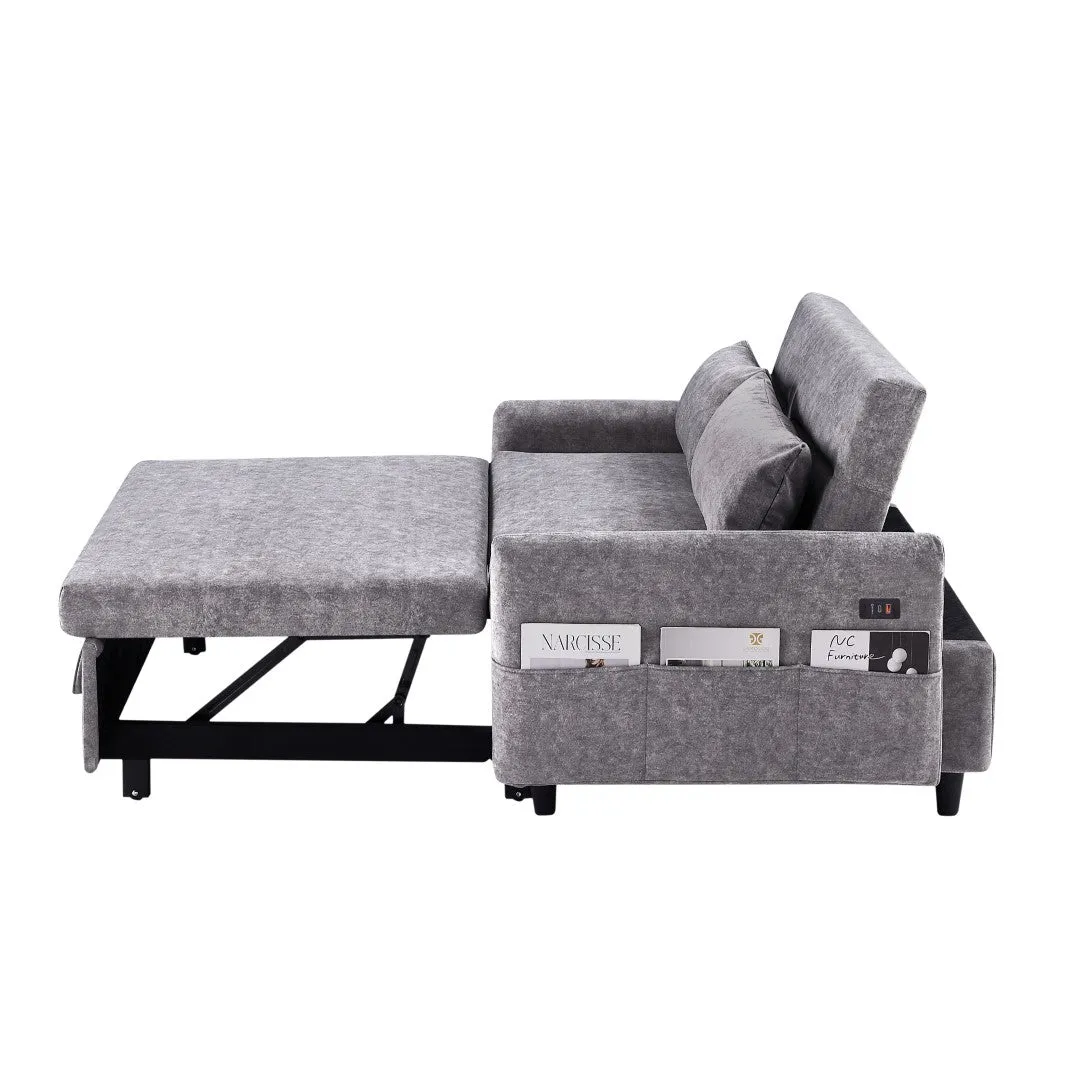 55.1" Pull Out Sleep Sofa Bed Loveseat Couch, Adjustable Backrest, Storage, 2 Pillows, USB Ports, Grey (Old Sku Wf307821Aae)