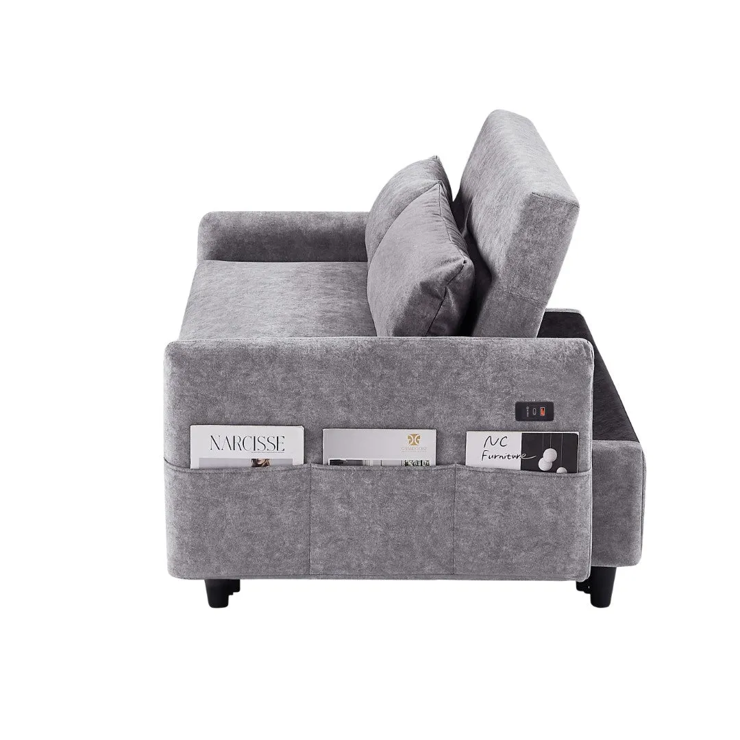 55.1" Pull Out Sleep Sofa Bed Loveseat Couch, Adjustable Backrest, Storage, 2 Pillows, USB Ports, Grey (Old Sku Wf307821Aae)