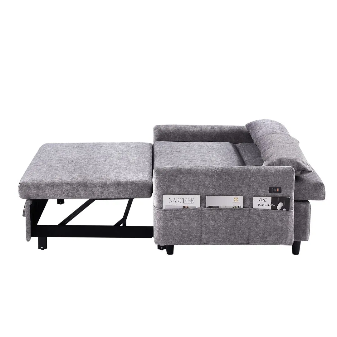 55.1" Pull Out Sleep Sofa Bed Loveseat Couch, Adjustable Backrest, Storage, 2 Pillows, USB Ports, Grey (Old Sku Wf307821Aae)