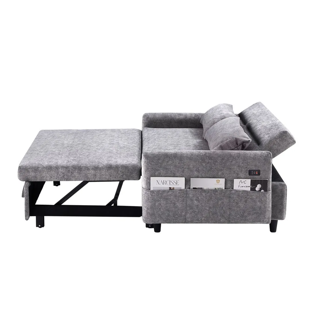 55.1" Pull Out Sleep Sofa Bed Loveseat Couch, Adjustable Backrest, Storage, 2 Pillows, USB Ports, Grey (Old Sku Wf307821Aae)