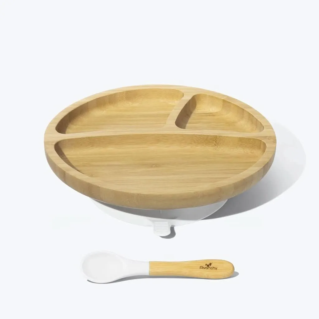 Avanchy Toddler Bamboo Stay Put Suction Plate   Spoon