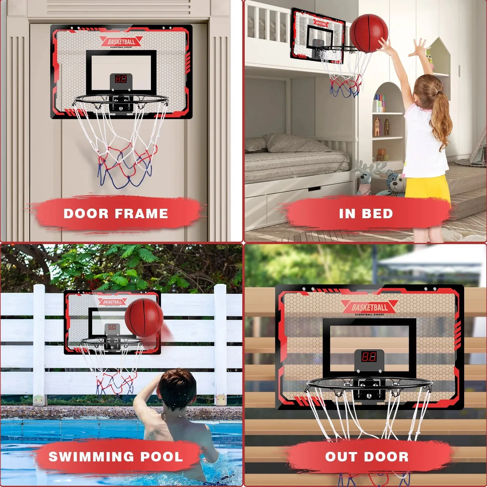 Basketball Hoop Indoor, LED Light Mini Basketball Hoops with 2 Balls & Electronic Scoreboard, over the Door Basketball Hoop, Basketball Accessories for 5 6 7 8 9 10 11 12 Year Old Kids Teen Adults