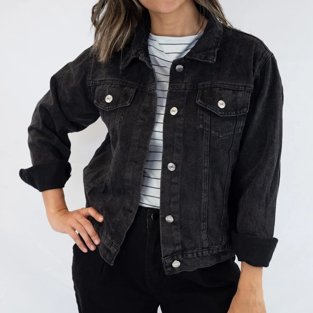 (Black Denim) Black Personalized Bride Denim Jacket