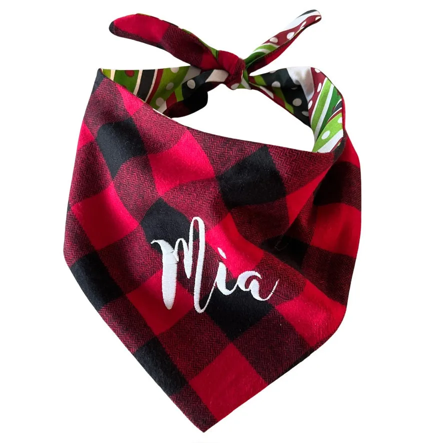 Buffalo Plaid Personalized Flannel Dog Scarf with Name Embroidered