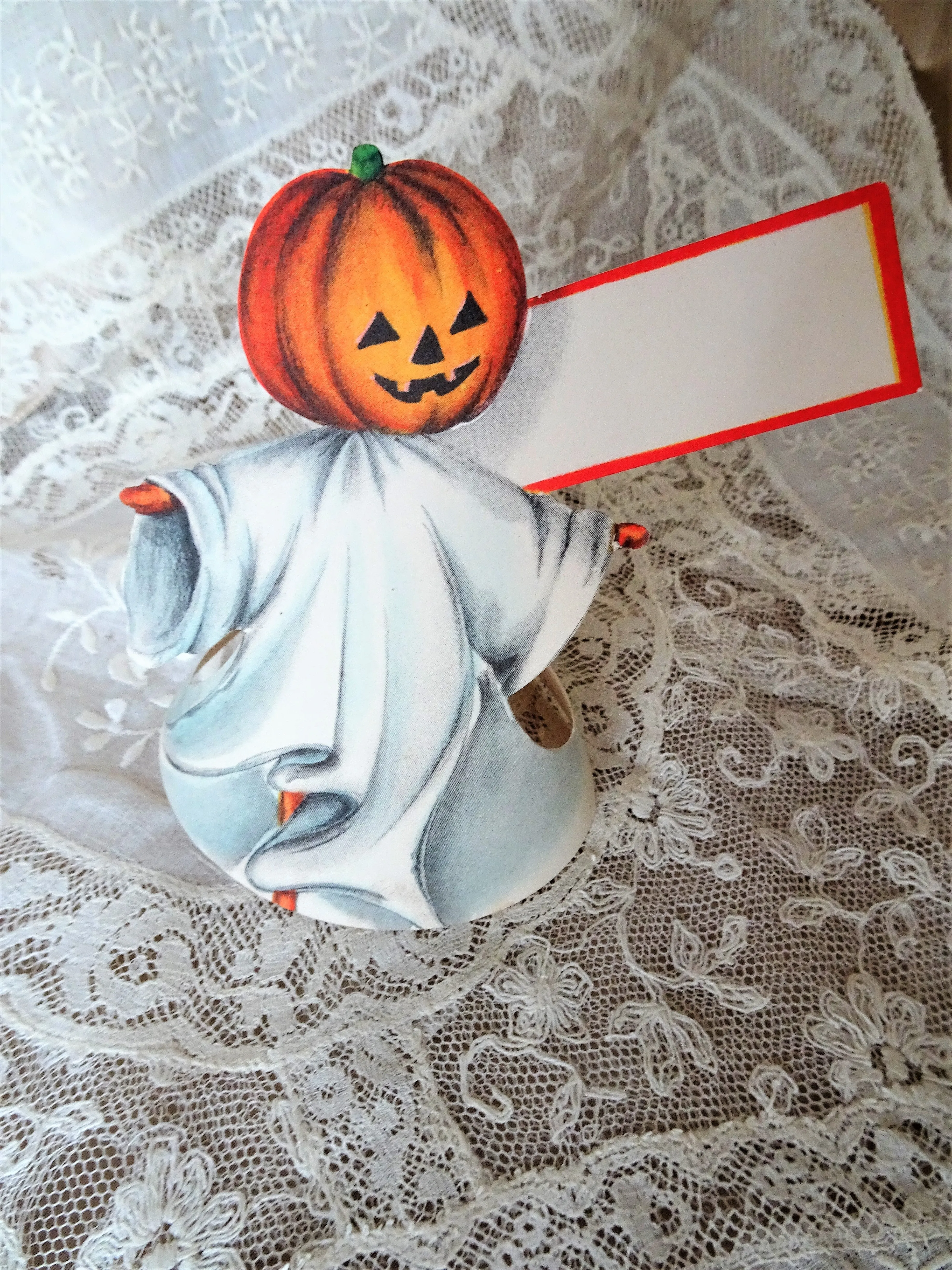 CHARMING Vintage Halloween Place Card, Jack O Lantern Dressed As Ghost, Unused, Paper Party Ephemera,Collectible Vintage Halloween