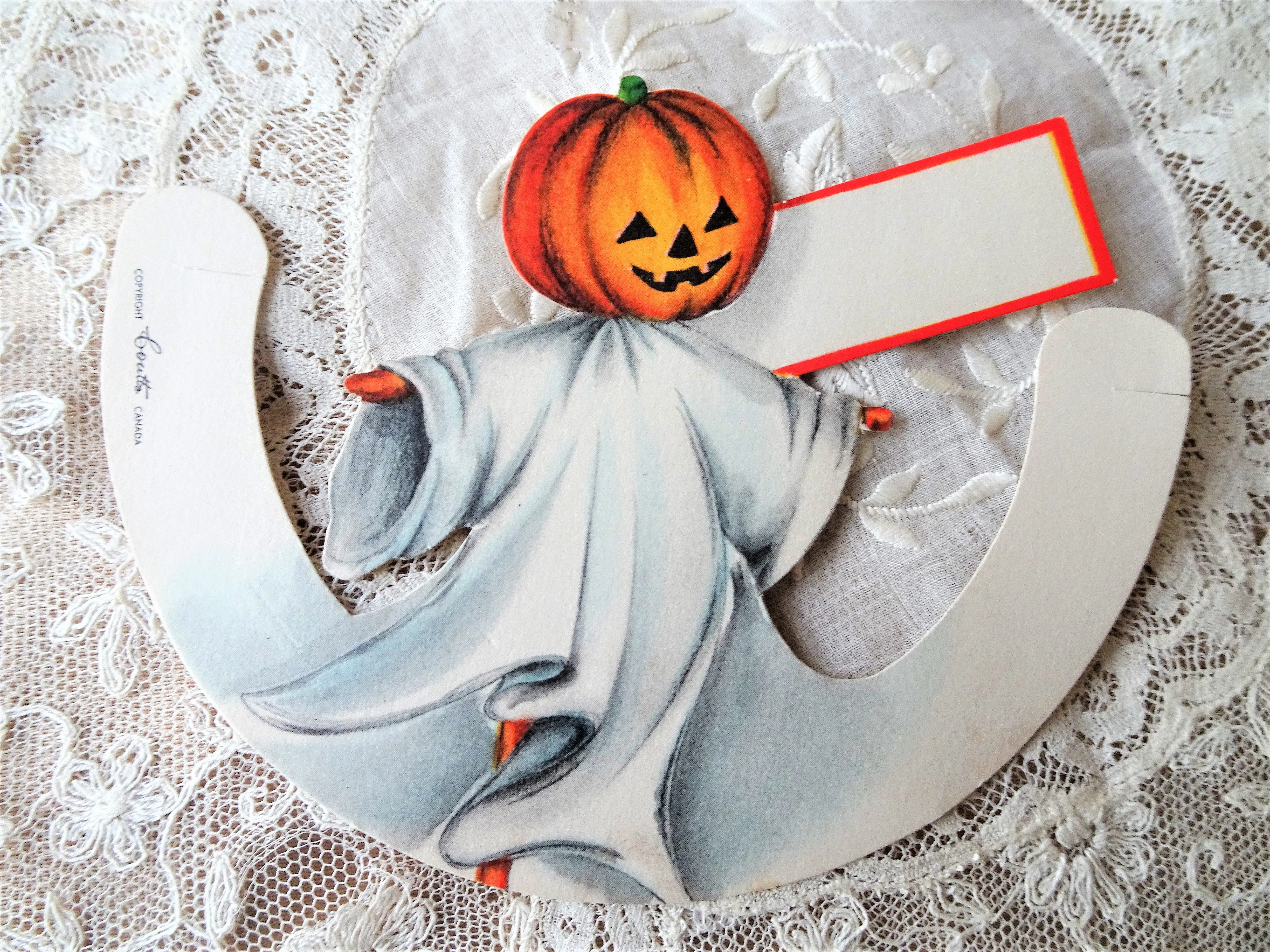 CHARMING Vintage Halloween Place Card, Jack O Lantern Dressed As Ghost, Unused, Paper Party Ephemera,Collectible Vintage Halloween