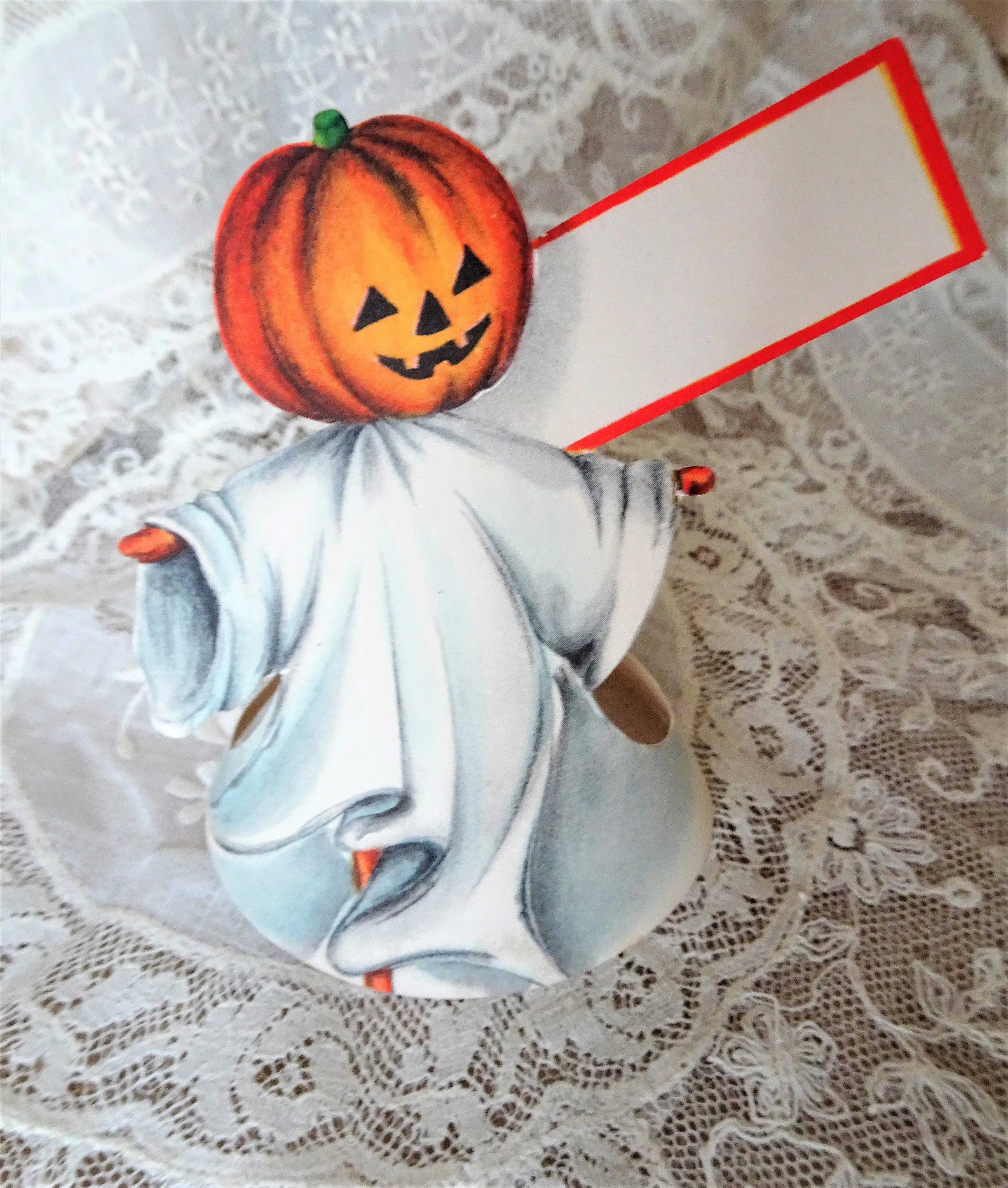 CHARMING Vintage Halloween Place Card, Jack O Lantern Dressed As Ghost, Unused, Paper Party Ephemera,Collectible Vintage Halloween