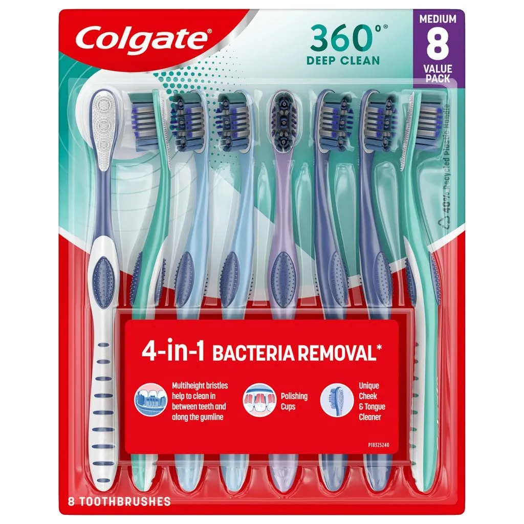 Colgate 360 Toothbrushes 8 Units. The Colgate 360° Adult Toothbrush reduces 151% more bad breath-causing bacteria than an ordinary flat toothbrush.-437749-0035000975171