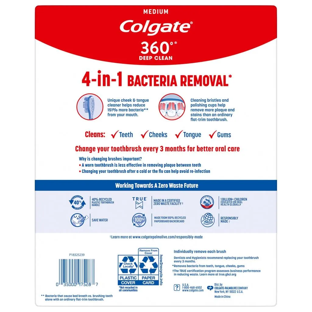 Colgate 360 Toothbrushes 8 Units. The Colgate 360° Adult Toothbrush reduces 151% more bad breath-causing bacteria than an ordinary flat toothbrush.-437749-0035000975171