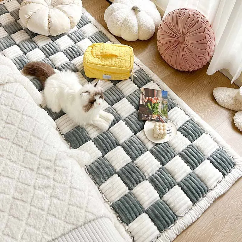 Cream-colored Large Plaid Square Fuzzy Pet Dog Mat Bed Couch Cover