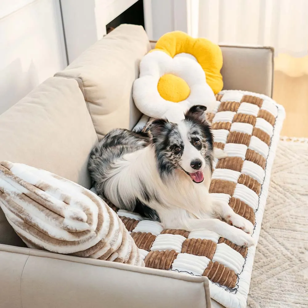 Cream-colored Large Plaid Square Fuzzy Pet Dog Mat Bed Couch Cover