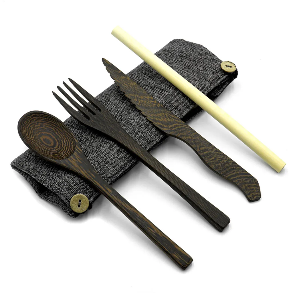 Dark Wood Cutlery Set (Light grey bag)