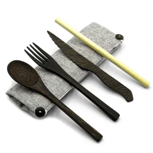 Dark Wood Cutlery Set (Light grey bag)