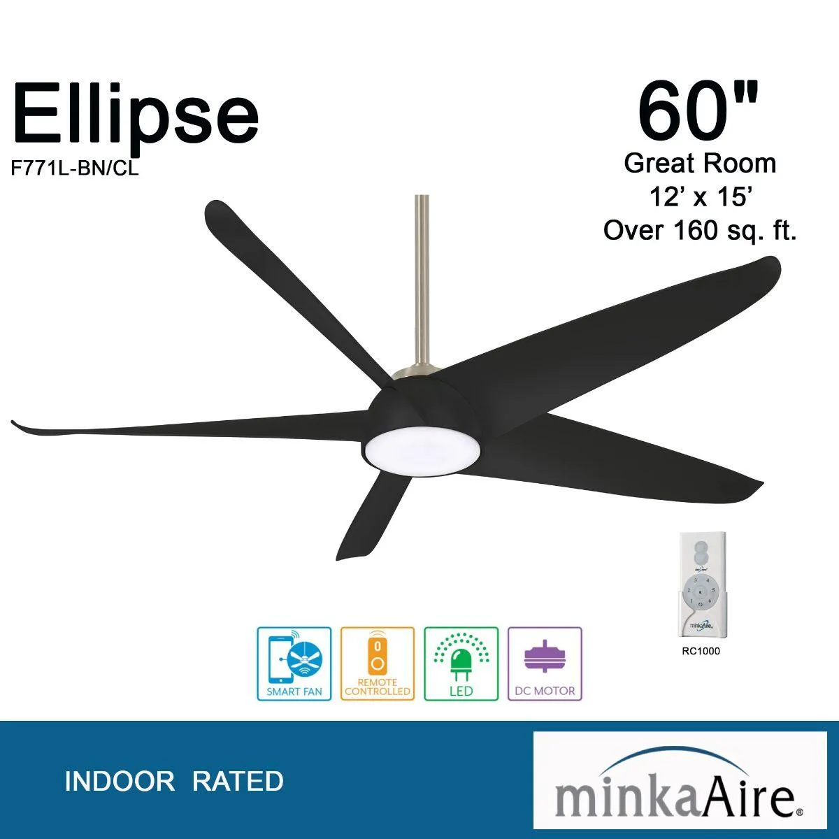 Ellipse LED 60" Black Coal Smart Ceiling Fan with Light and Remote