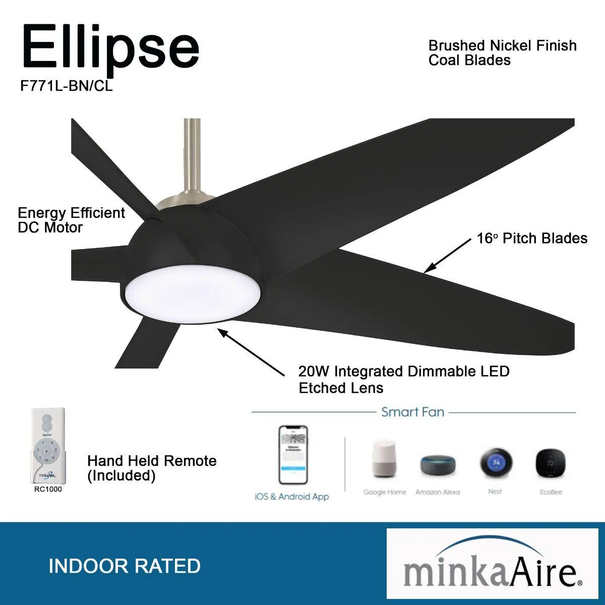 Ellipse LED 60" Black Coal Smart Ceiling Fan with Light and Remote