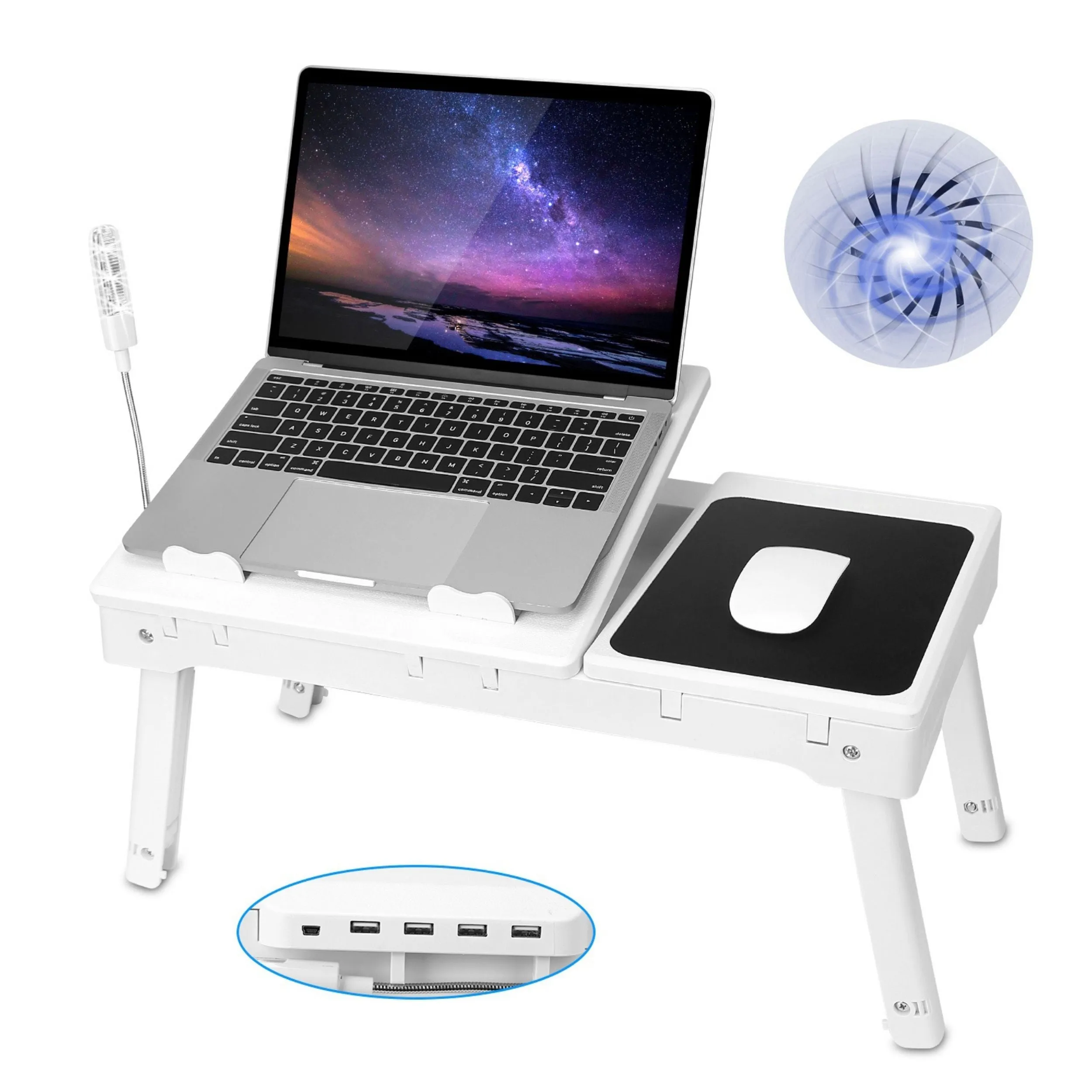 Foldable Laptop Table Bed Desk w/Cooling Fan Mouse Board LED 4 USB Ports Snacking Tray with Storage for Home Office