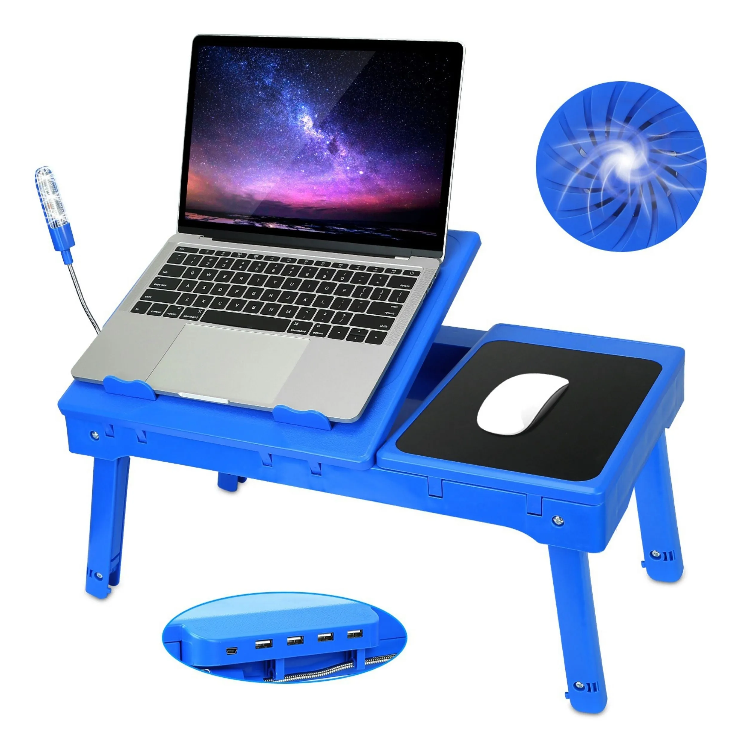 Foldable Laptop Table Bed Desk w/Cooling Fan Mouse Board LED 4 USB Ports Snacking Tray with Storage for Home Office