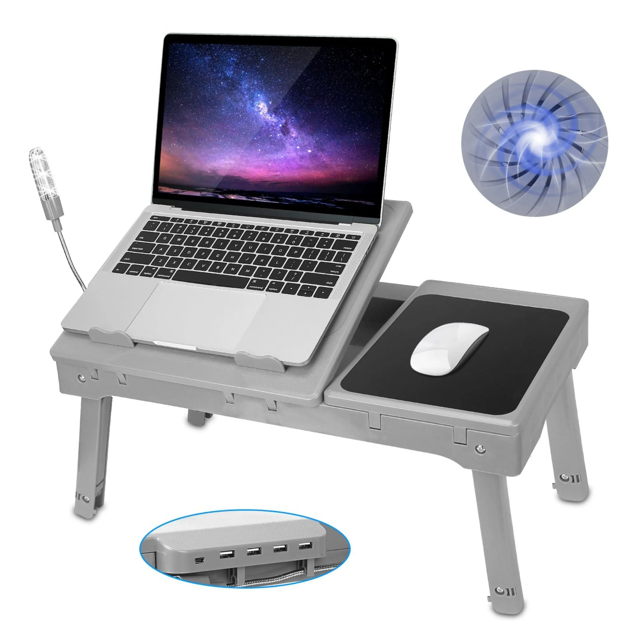 Foldable Laptop Table Bed Desk w/Cooling Fan Mouse Board LED 4 USB Ports Snacking Tray with Storage for Home Office