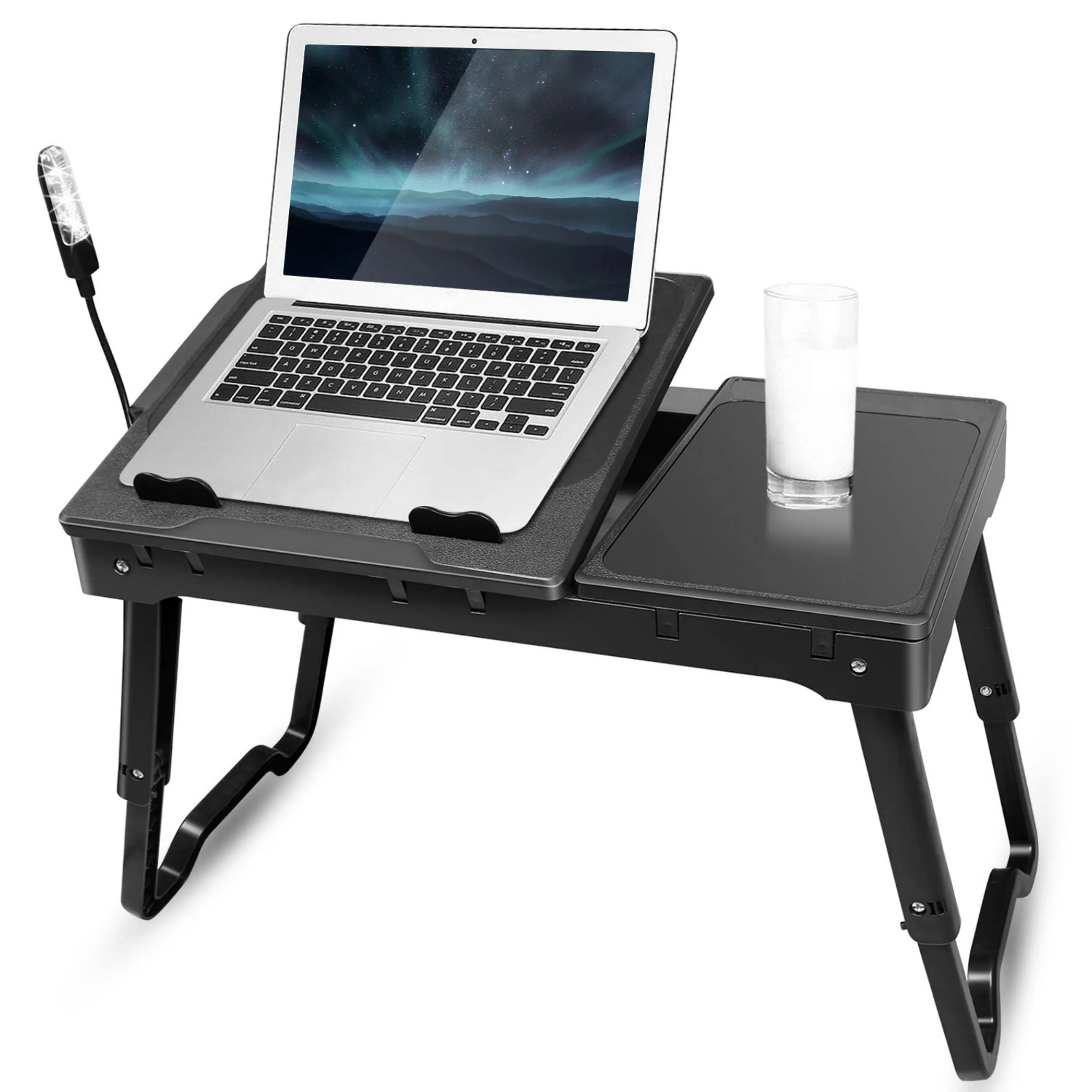 Foldable Laptop Table Bed Desk w/Cooling Fan Mouse Board LED 4 USB Ports Snacking Tray with Storage for Home Office