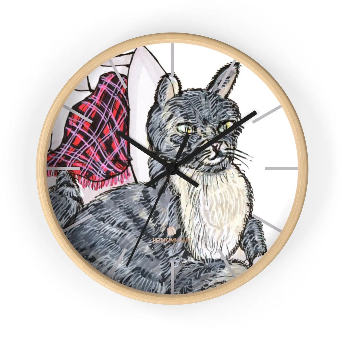 Gray Cat Print Wall Clock, Cute Animal Art Print 10 in. Dia. Indoor Wall Clock- Made in USA