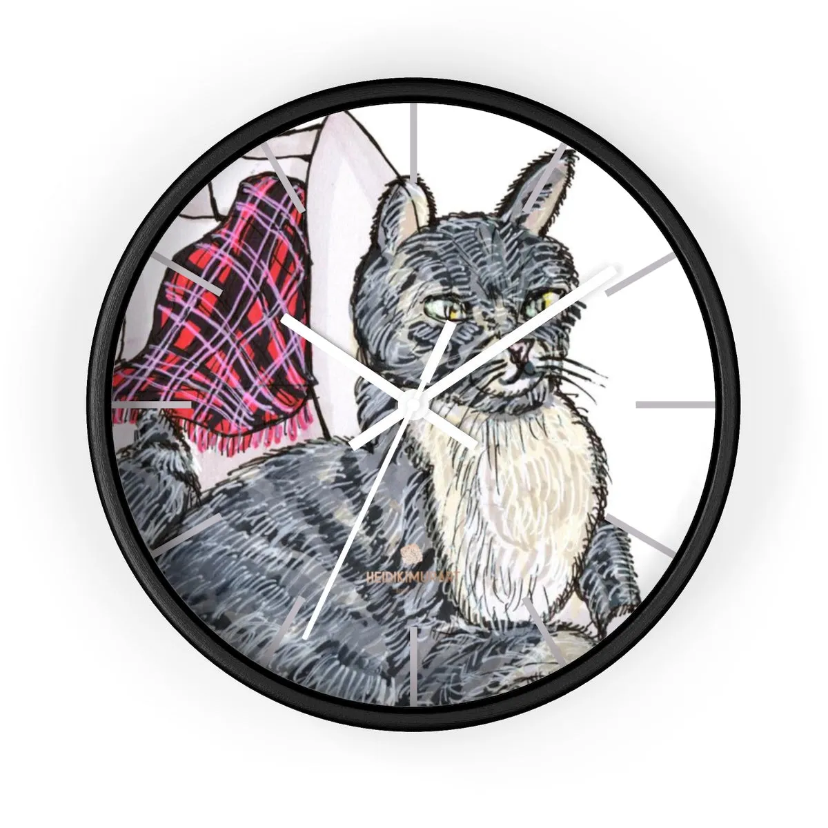 Gray Cat Print Wall Clock, Cute Animal Art Print 10 in. Dia. Indoor Wall Clock- Made in USA