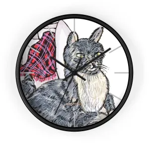 Gray Cat Print Wall Clock, Cute Animal Art Print 10 in. Dia. Indoor Wall Clock- Made in USA