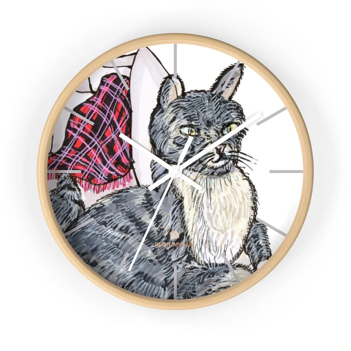 Gray Cat Print Wall Clock, Cute Animal Art Print 10 in. Dia. Indoor Wall Clock- Made in USA