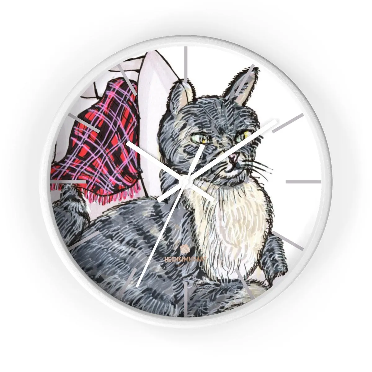 Gray Cat Print Wall Clock, Cute Animal Art Print 10 in. Dia. Indoor Wall Clock- Made in USA