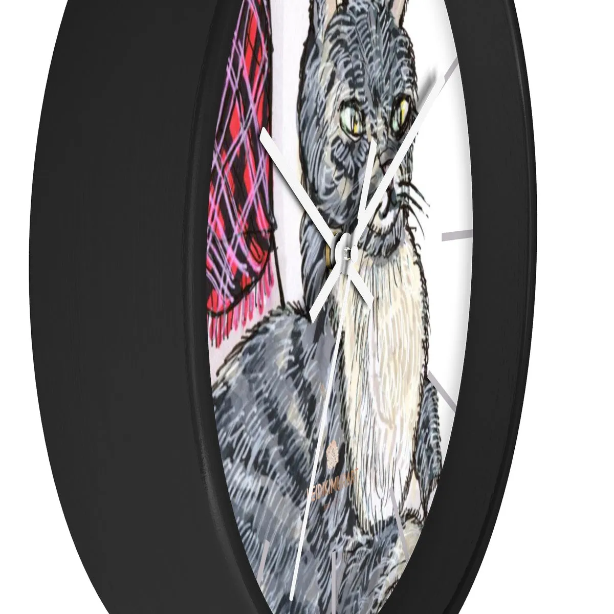 Gray Cat Print Wall Clock, Cute Animal Art Print 10 in. Dia. Indoor Wall Clock- Made in USA