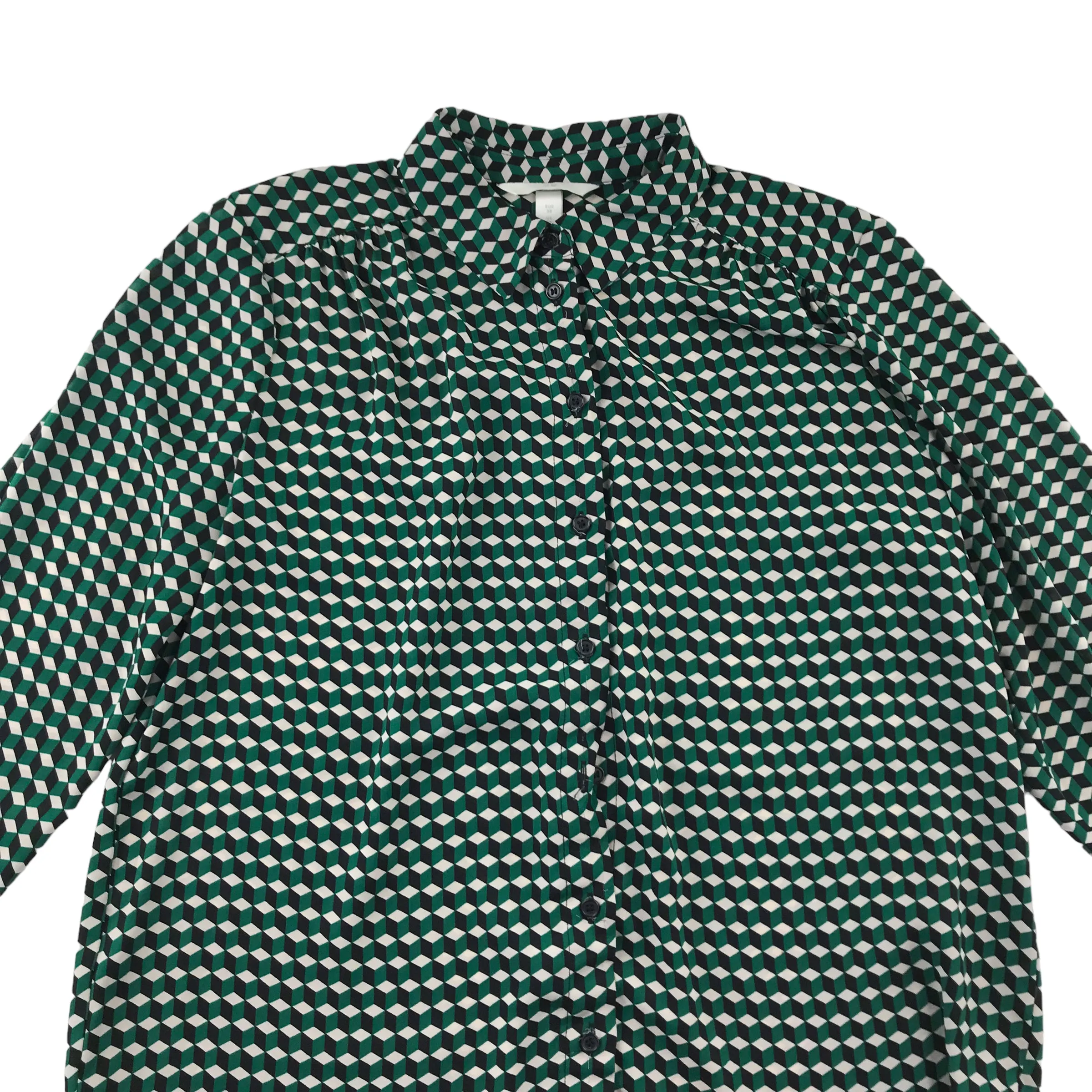 H&M blouse womens size UK 10 teal cubic print pattern long sleeve button up