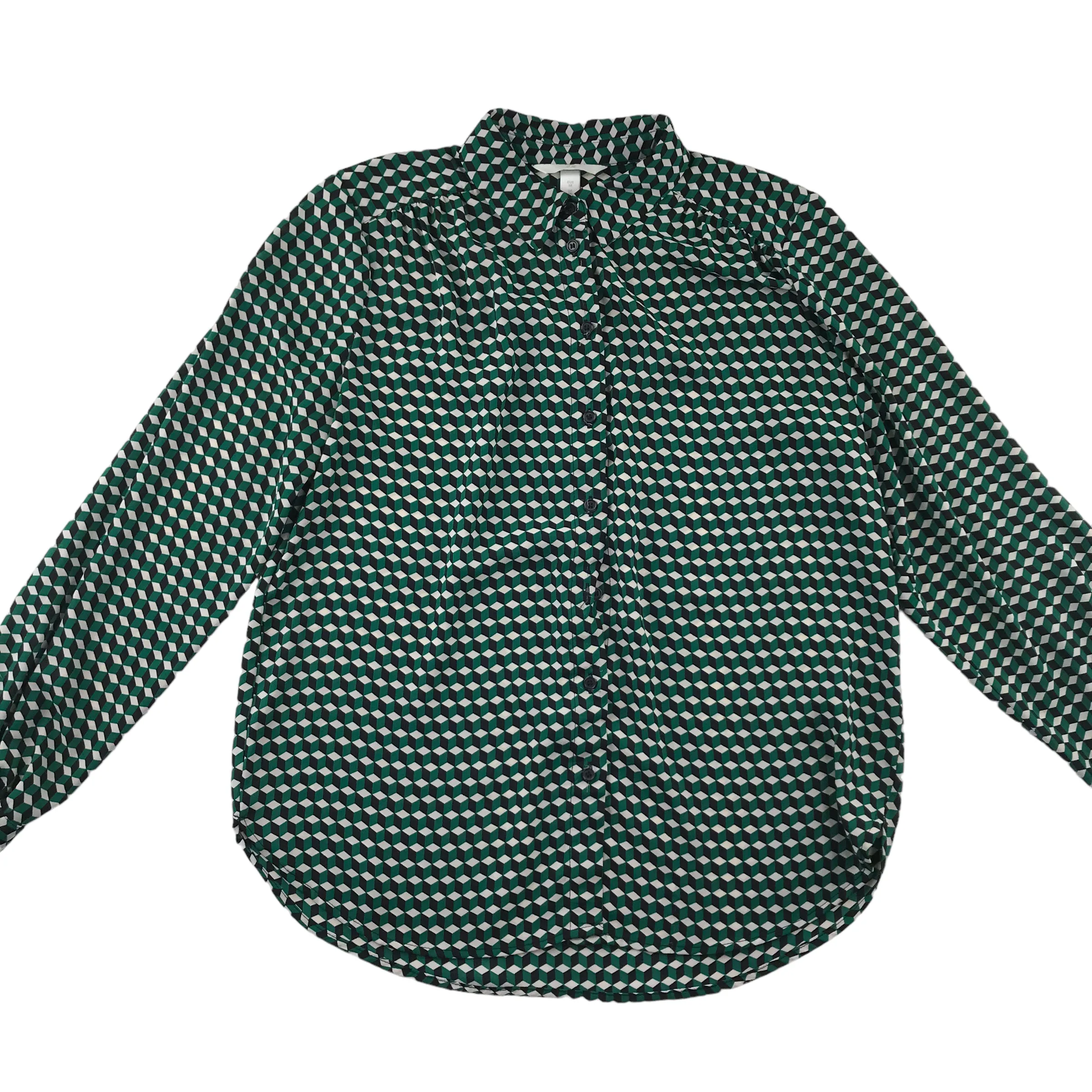 H&M blouse womens size UK 10 teal cubic print pattern long sleeve button up