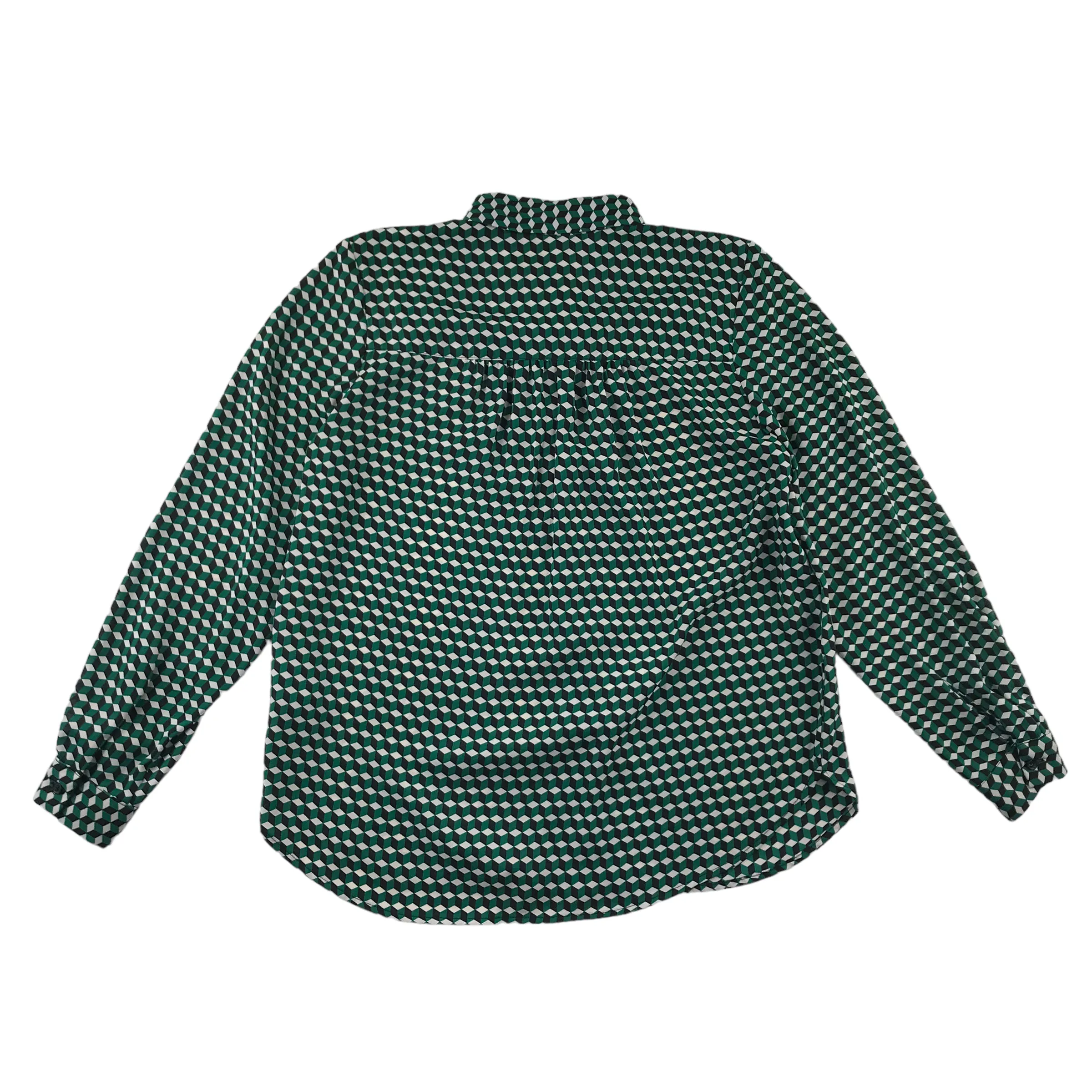 H&M blouse womens size UK 10 teal cubic print pattern long sleeve button up