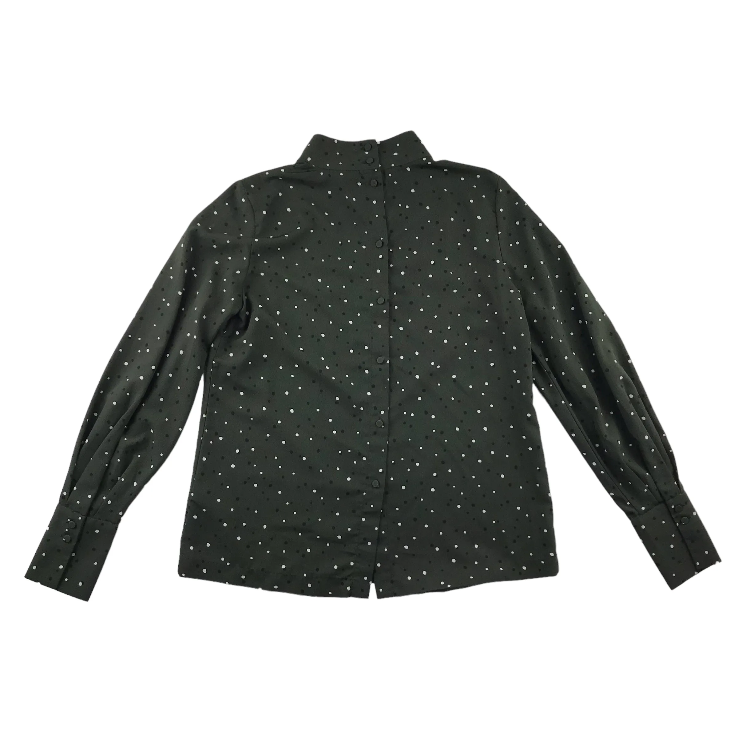 H&M blouse womens size UK 8 dark khaki polka dot pattern long sleeve button up