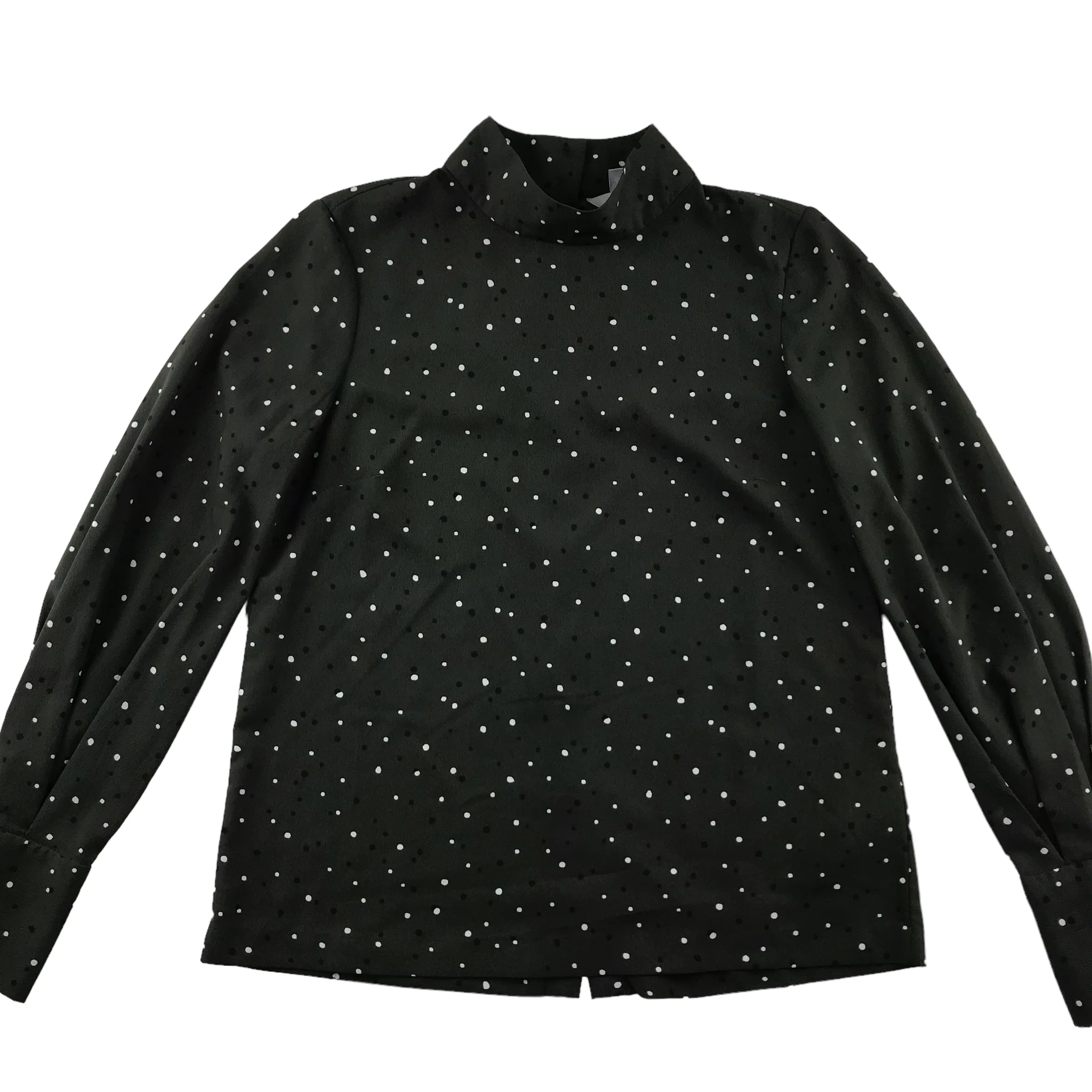 H&M blouse womens size UK 8 dark khaki polka dot pattern long sleeve button up