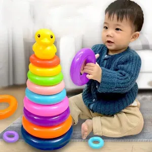 Interactive Rainbow Ring Stacker Toy with Duck Topper - Engage and Educate at Giggly Groves