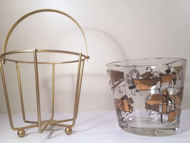 Mid-Century 22-Karat Gold and Black Mad Men Advertising Glass Ice Bucket with Carrier