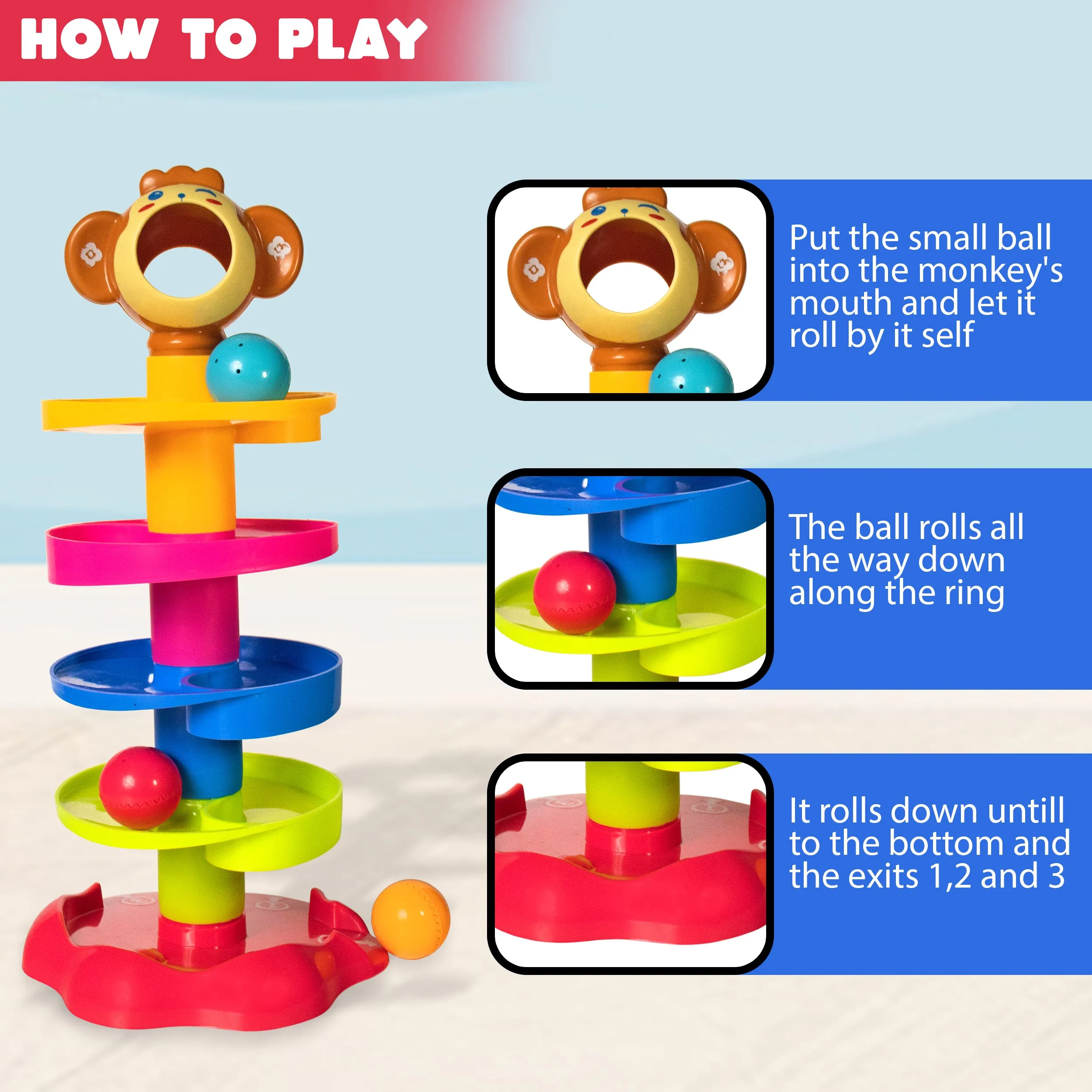 Monkey Ball Drop Toy, 5-Layer Tower with Swirling Ramps & Rattle Balls for Toddlers.