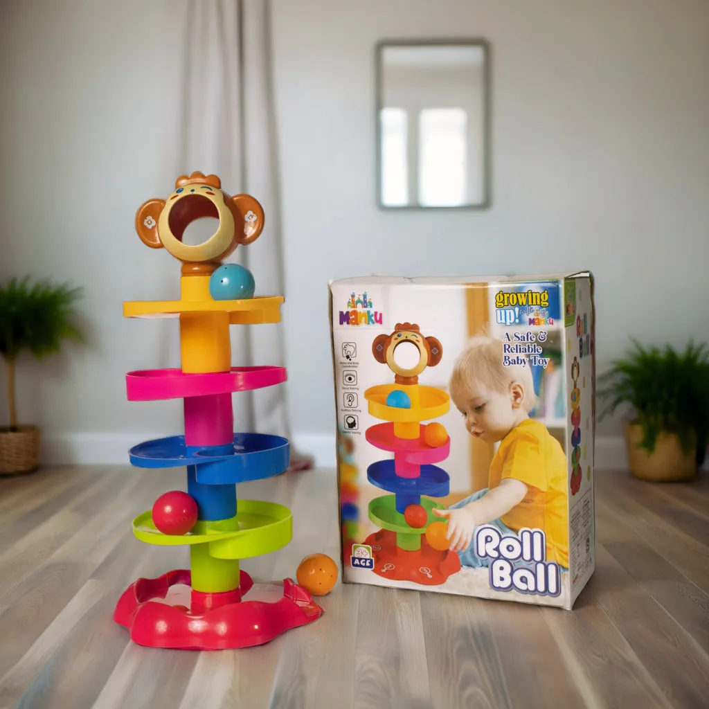 Monkey Ball Drop Toy, 5-Layer Tower with Swirling Ramps & Rattle Balls for Toddlers.